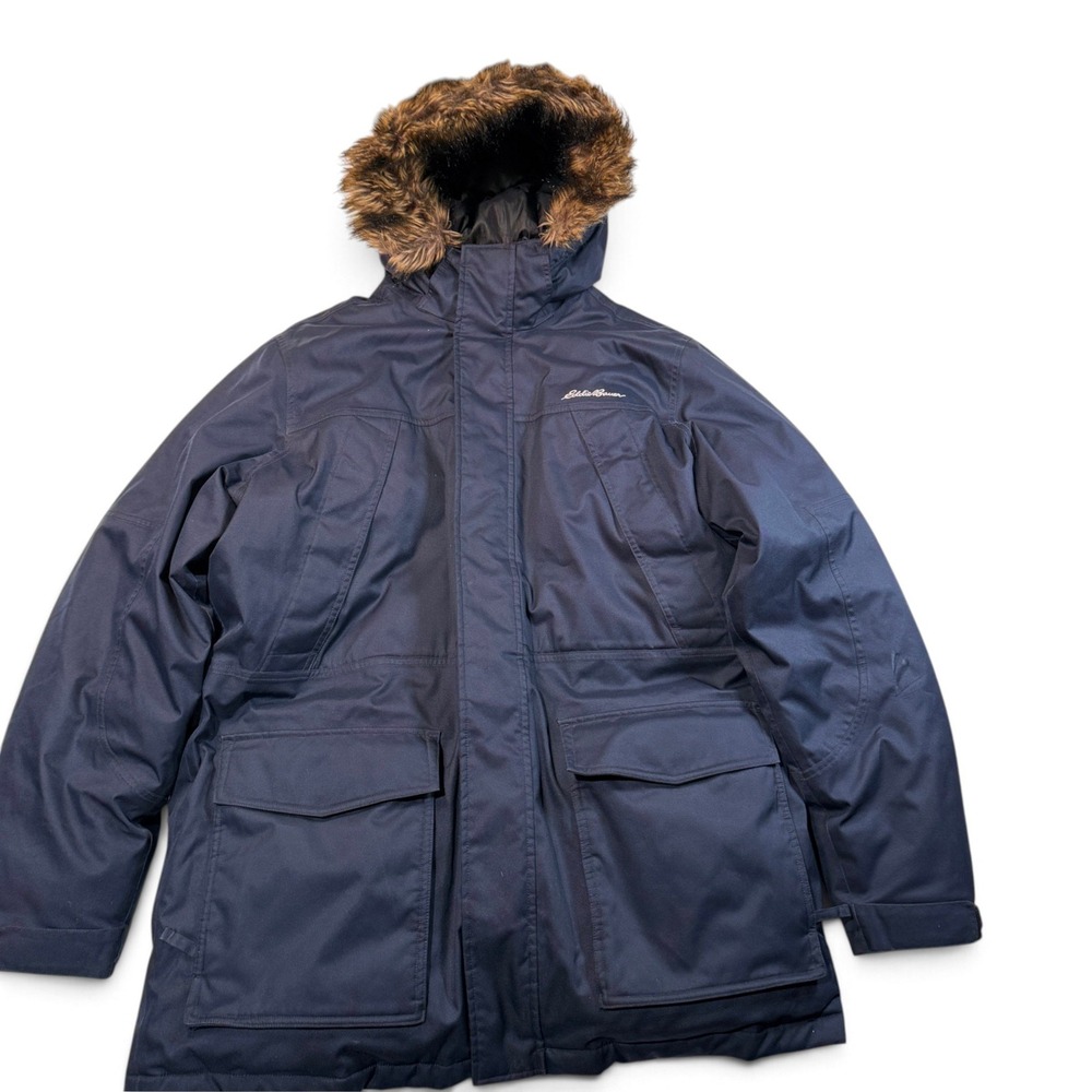 Eddie Bauer WeatherEdge EB650 Down Parka Navy Blue Faux Fur Hood Mens Tall XL